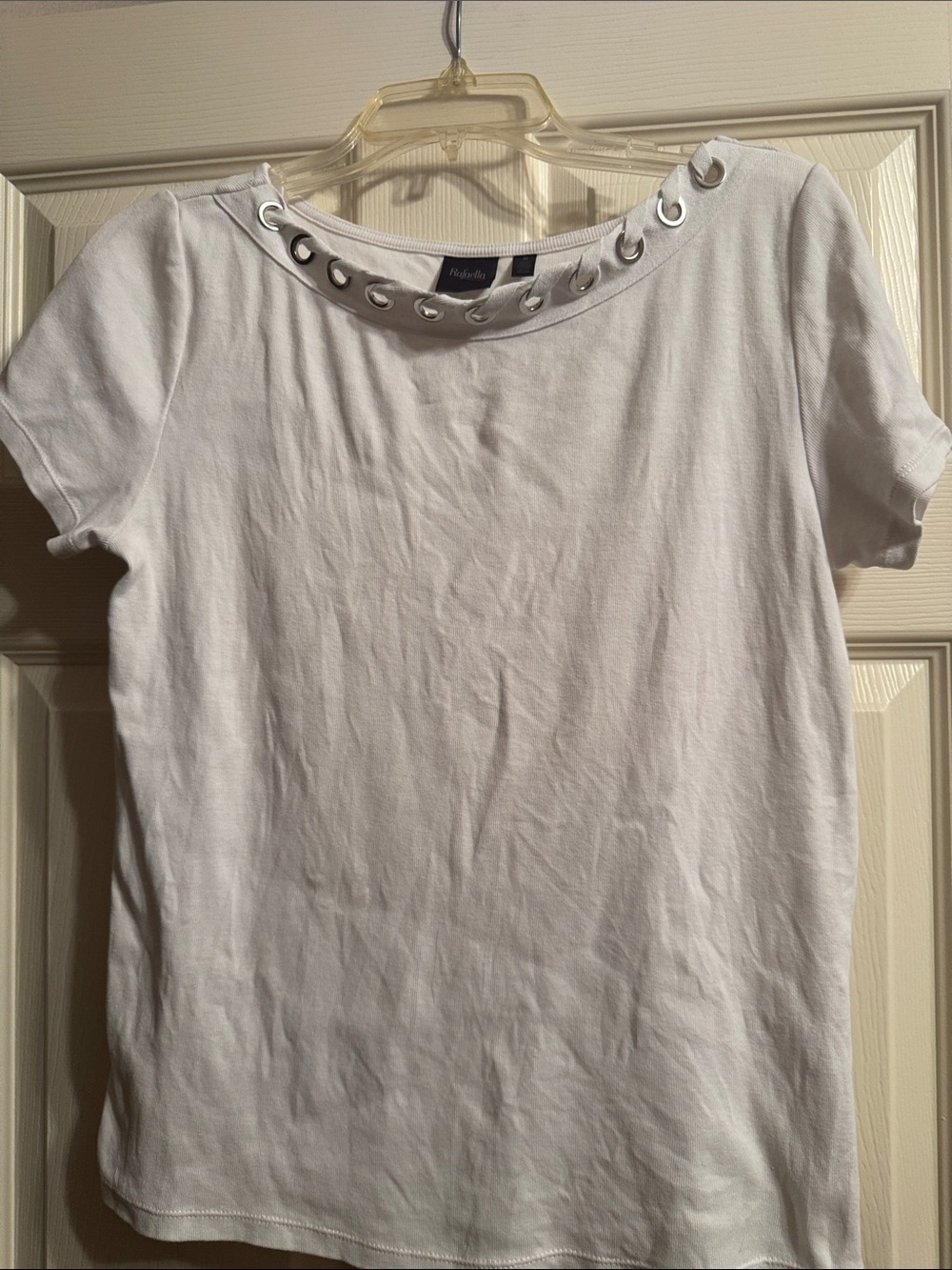 White Short Sleeve Top with Eyelet Neckline